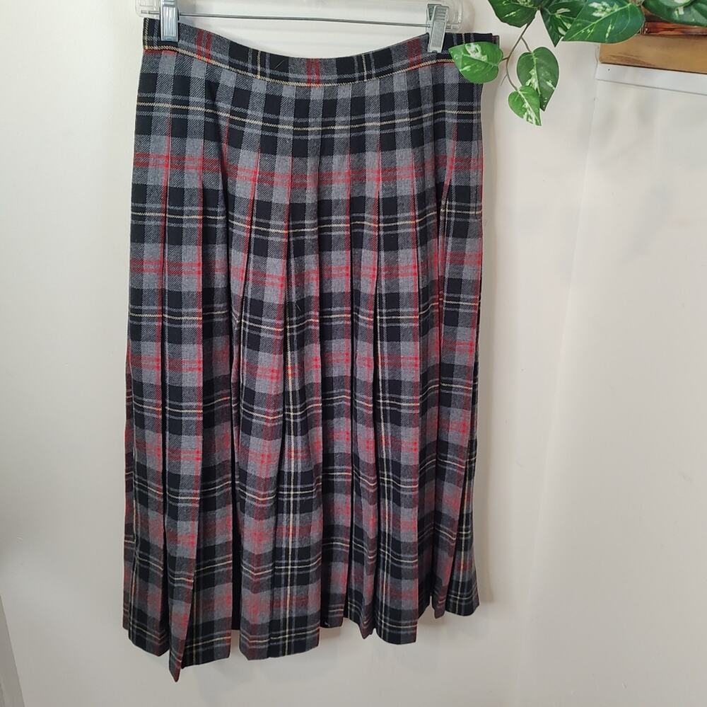 Pendleton Vintage Pleated Tartan Plaid Midi Skirt in Gray/Black/Red Size 12